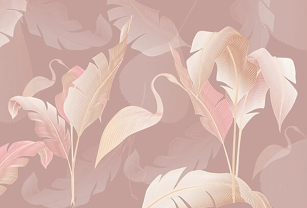 A pattern of feathers on a pink background