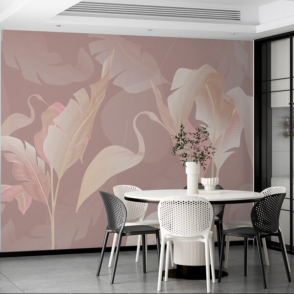 A pattern of feathers on a pink background