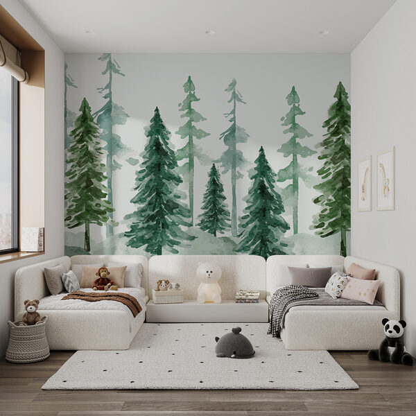 A group of trees in a snowy forest