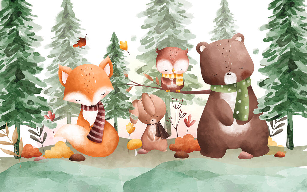 Un grupo de animales en un bosque Un grupo de animales en un bosque