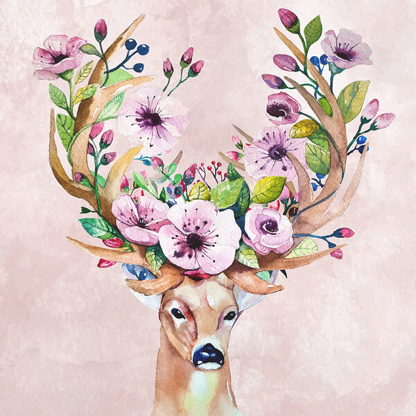 A watercolor painting of a deer with flowers on horns
