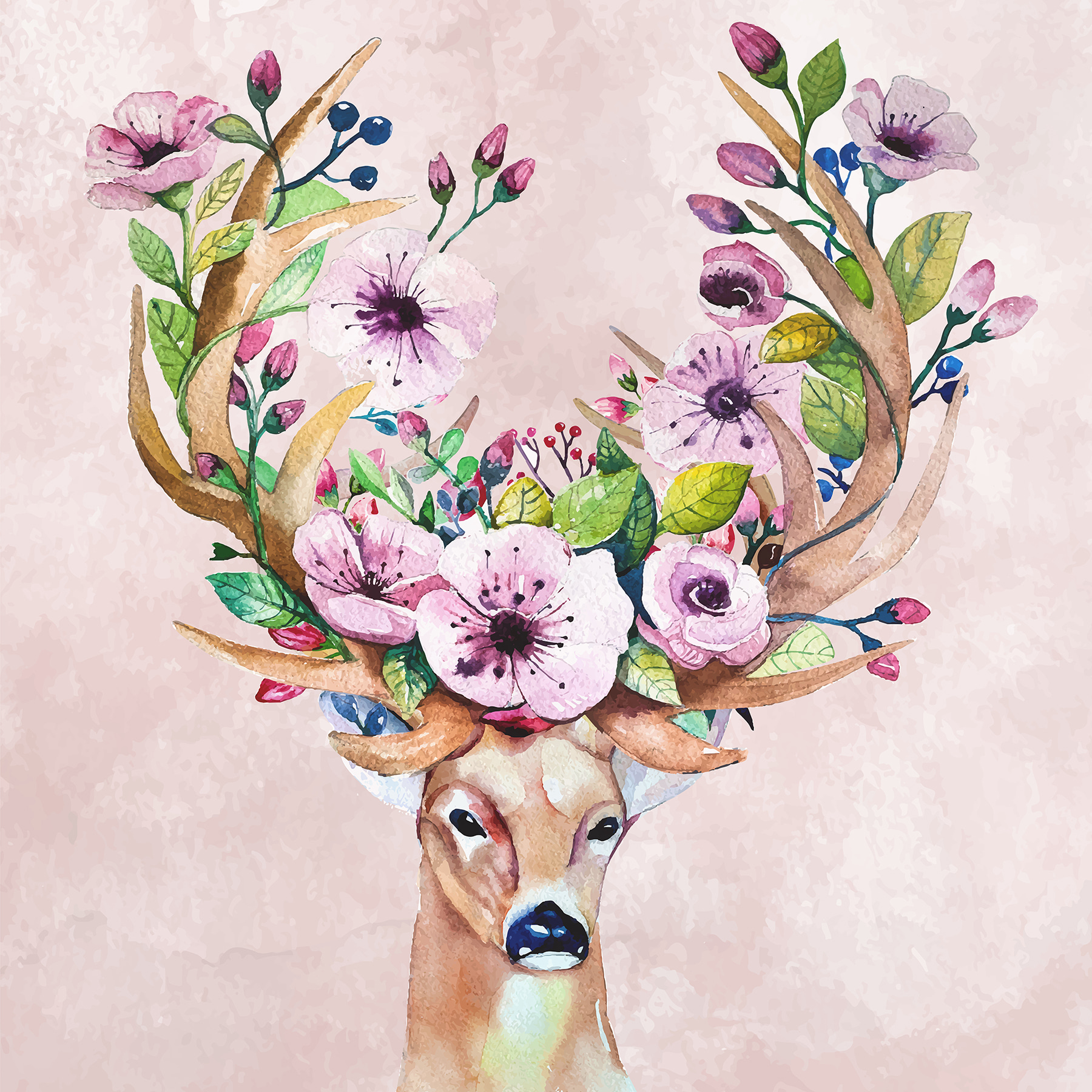 A watercolor painting of a deer with flowers on horns
