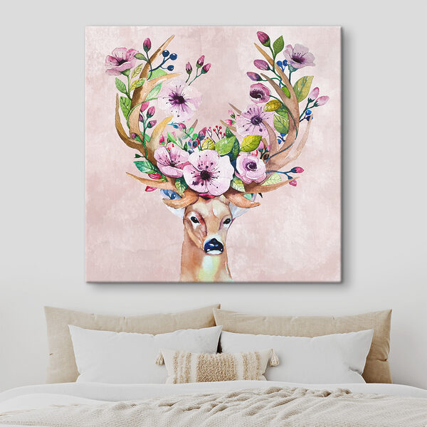 Cuadros Una acuarela de un ciervo con flores en los cuernos (SKU: s38331) Cuadros Cuadros Una acuarela de un ciervo con flores en los cuernos (SKU: s38331)