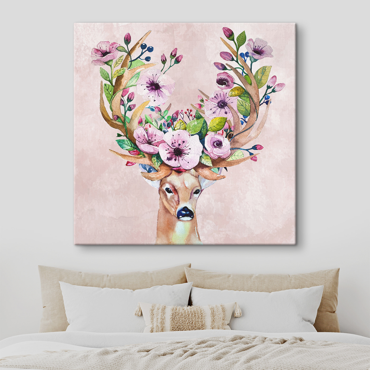 A watercolor painting of a deer with flowers on horns