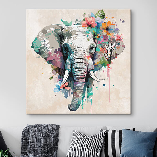 Cuadros Cuadros Un elefante con flores y hojas (SKU: s38333)