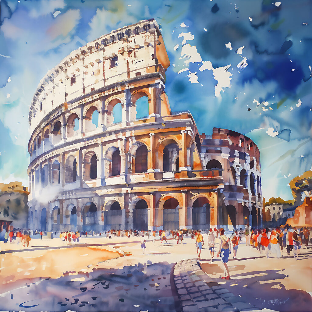 A watercolor of a large building with many arches