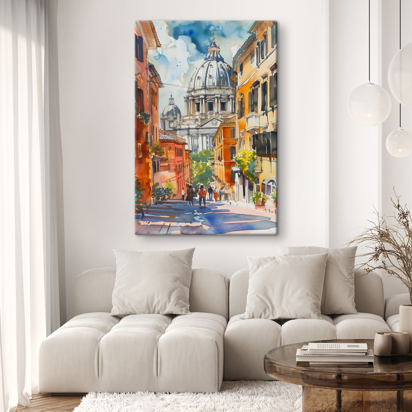 A watercolor painting of a street with buildings and a dome