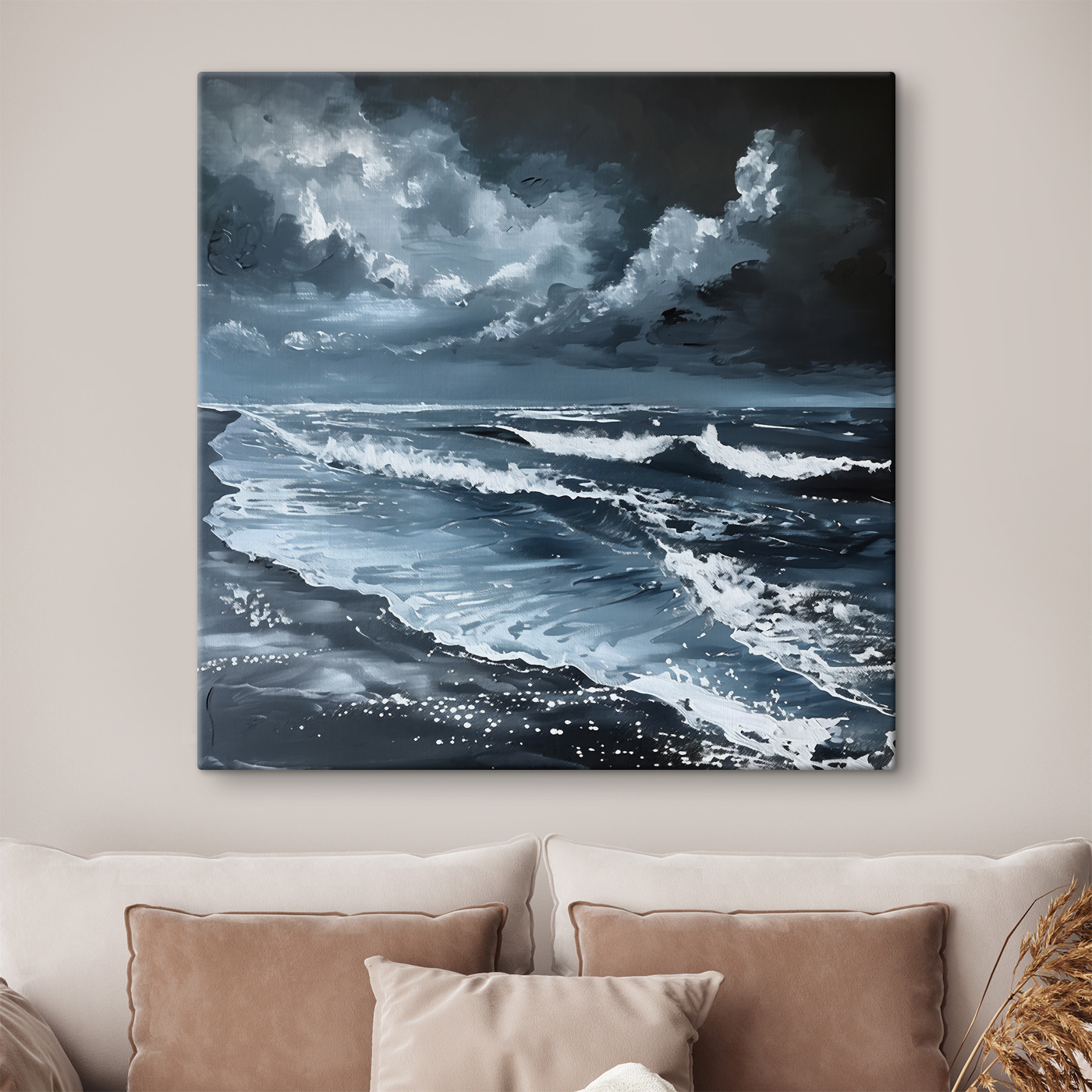 A painting of waves on a beach A painting of waves on a beach