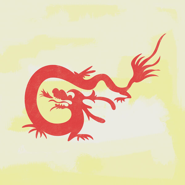A red dragon on a yellow background