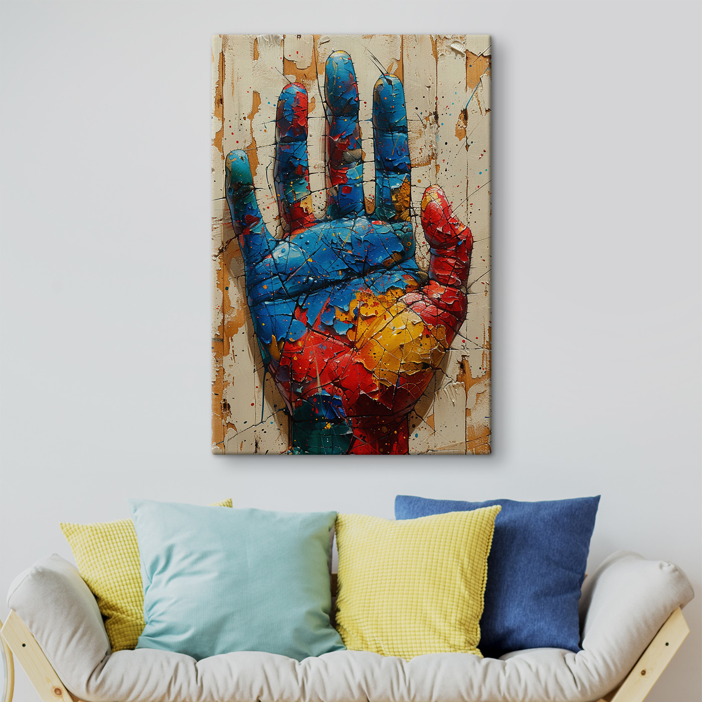 A cracked painted hand on a wood surface A cracked painted hand on a wood surface