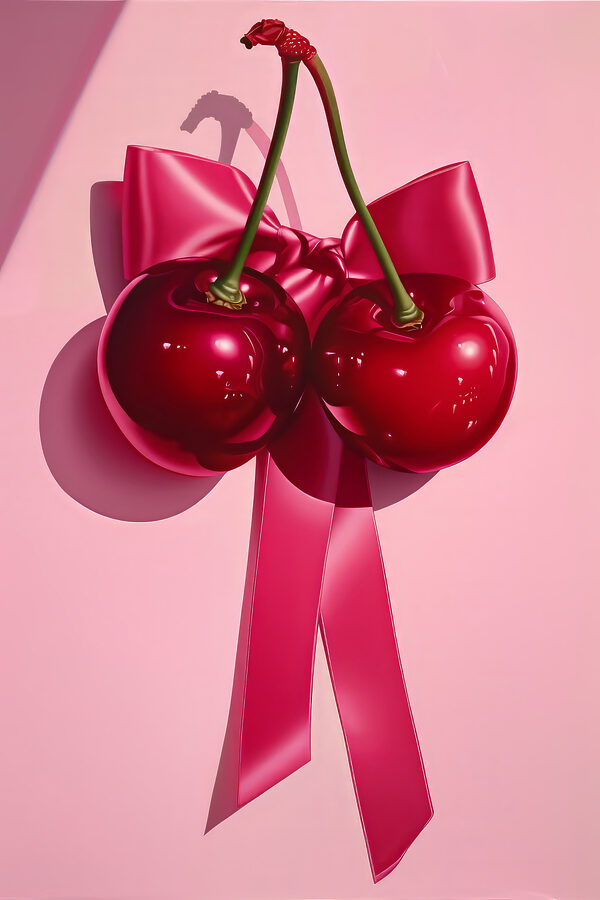 A pair of cherries tied to a bow