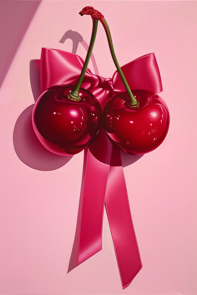 A pair of cherries tied to a bow