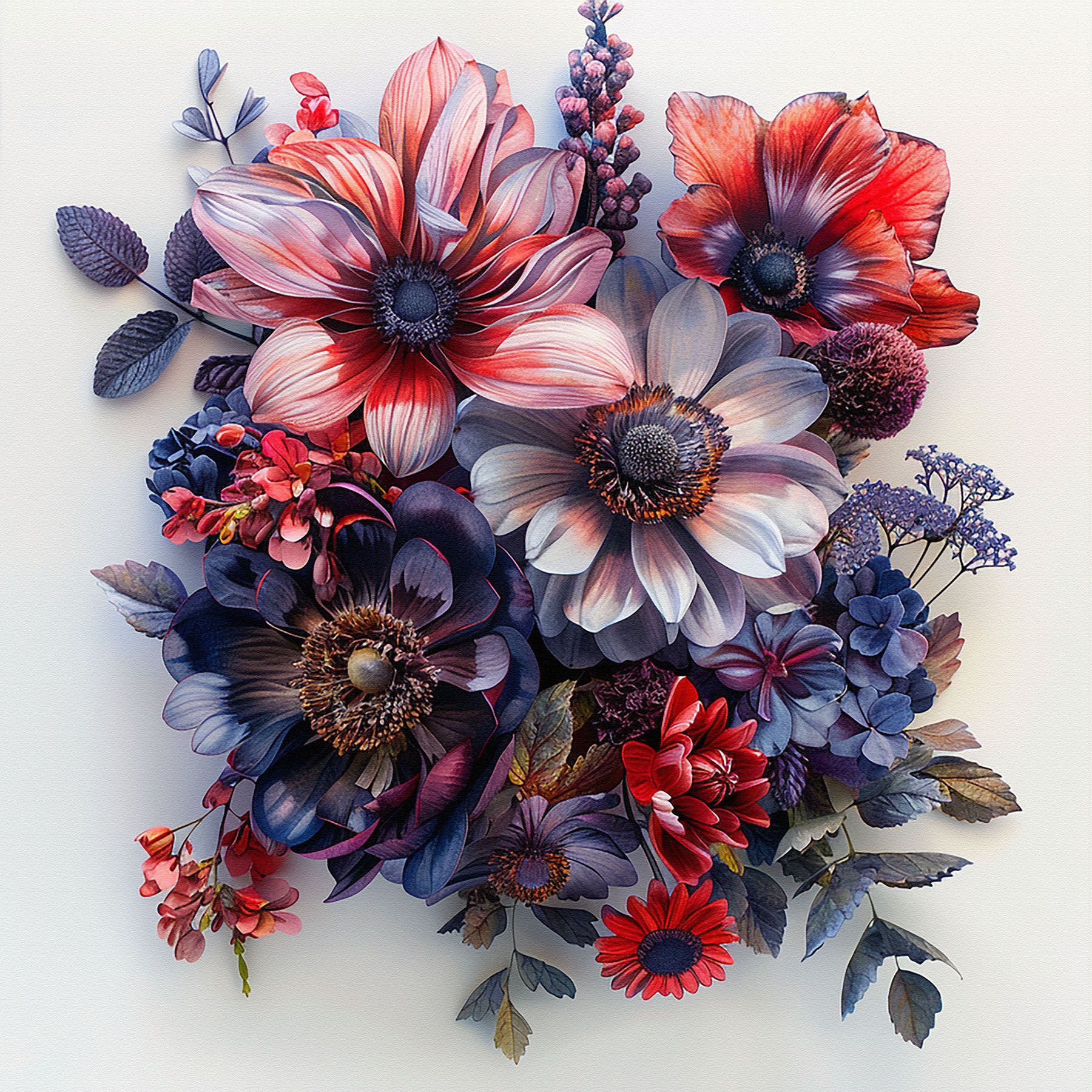 A group of flowers on a white surface A group of flowers on a white surface