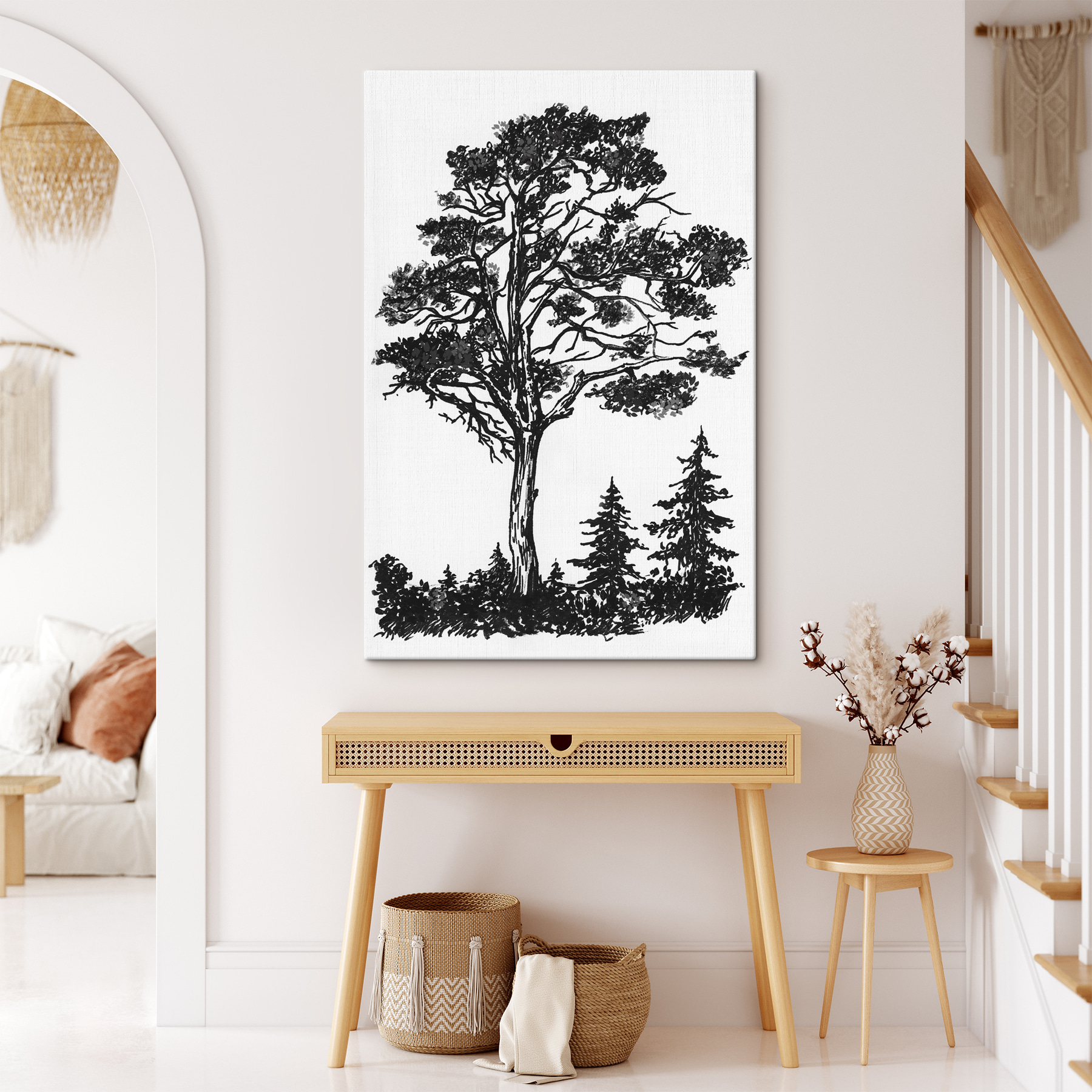 A black and white drawing of a tree