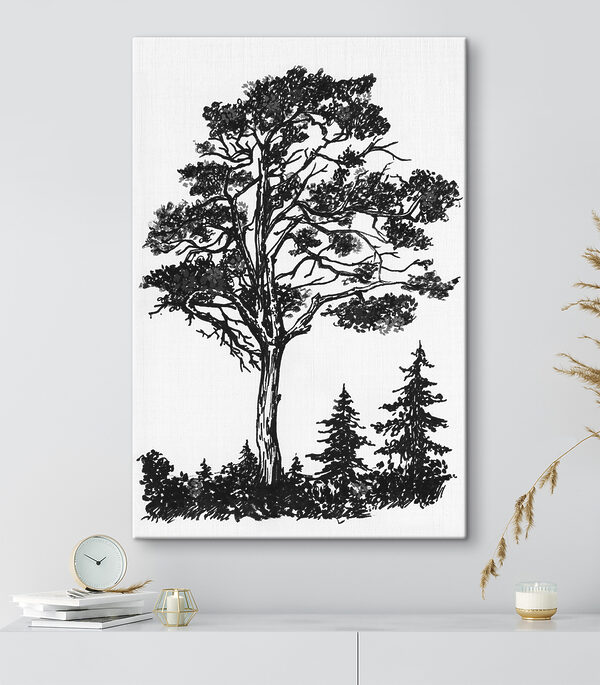 A black and white drawing of a tree