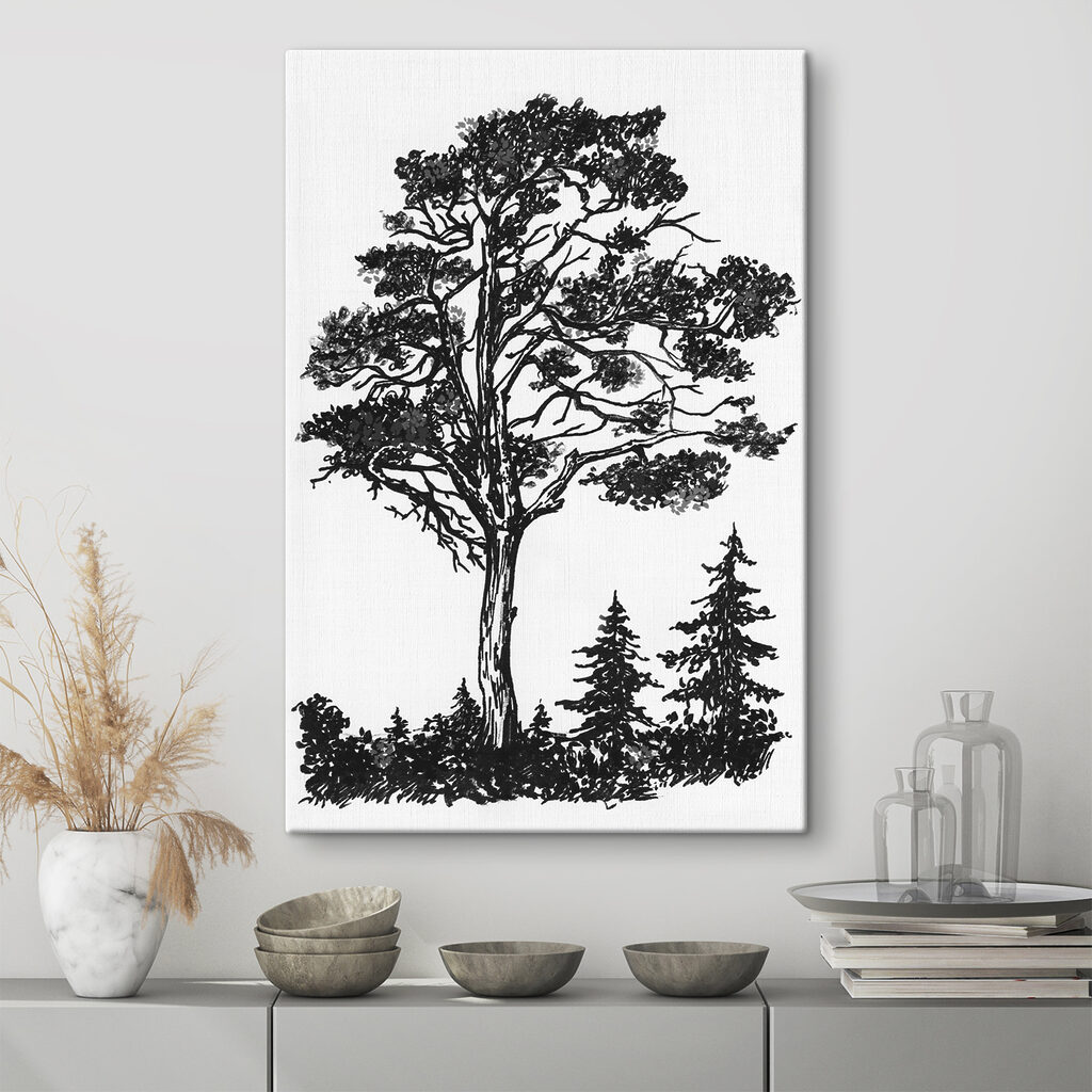 A black and white drawing of a tree