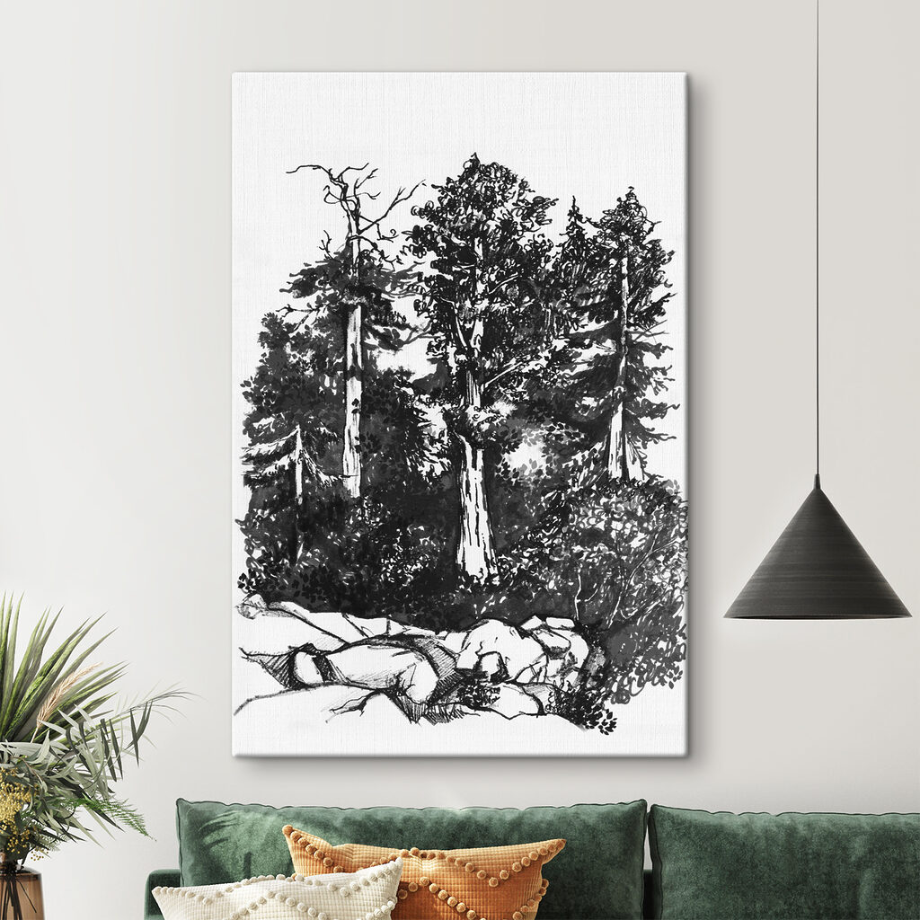 A drawing of trees and bushes