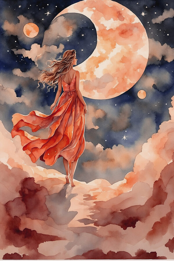 A woman in a dress walking on a cloud