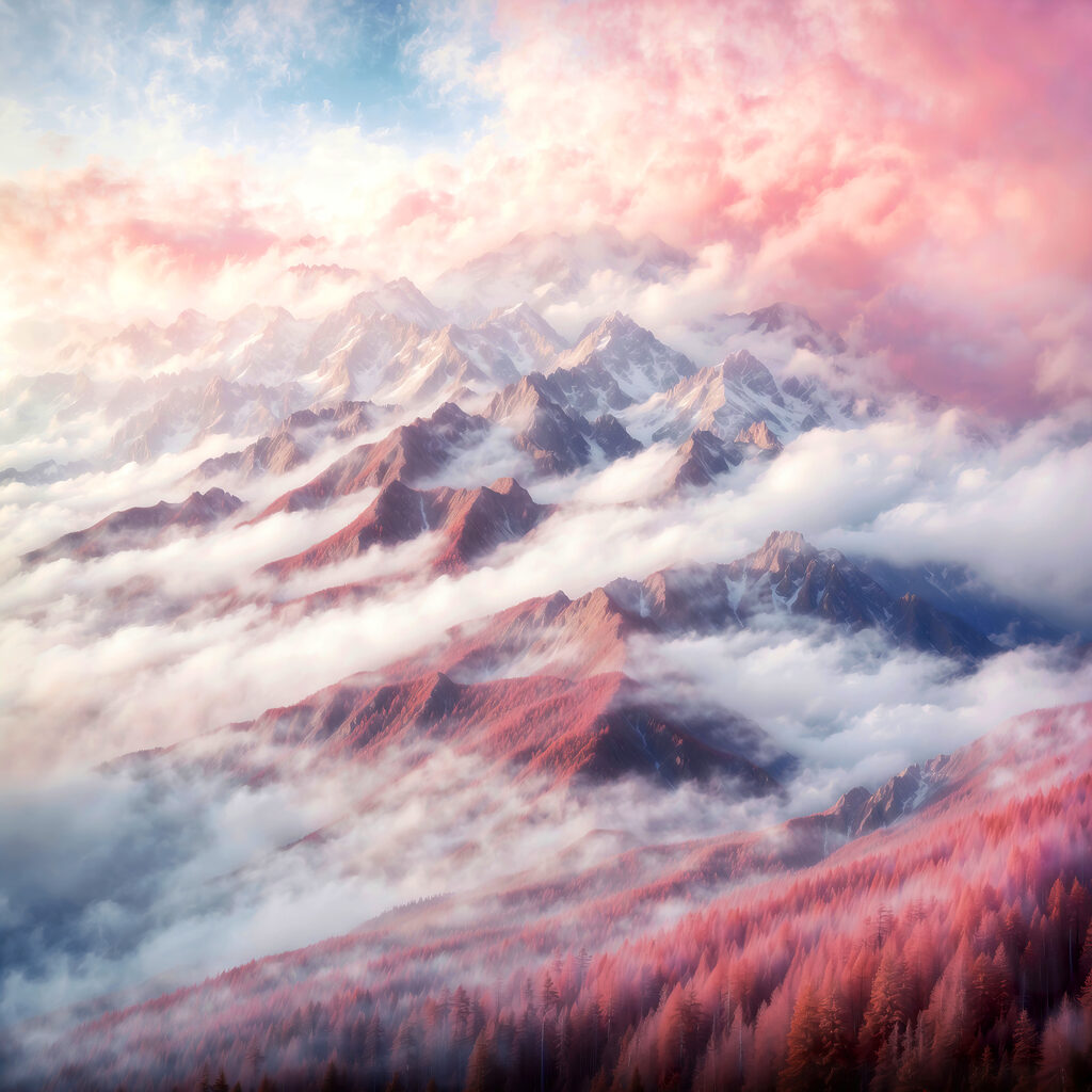 A mountain range with clouds and trees