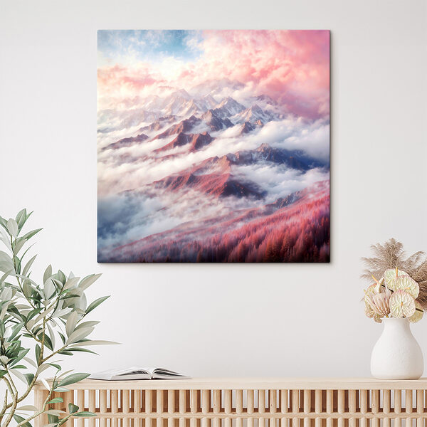 A mountain range with clouds and trees