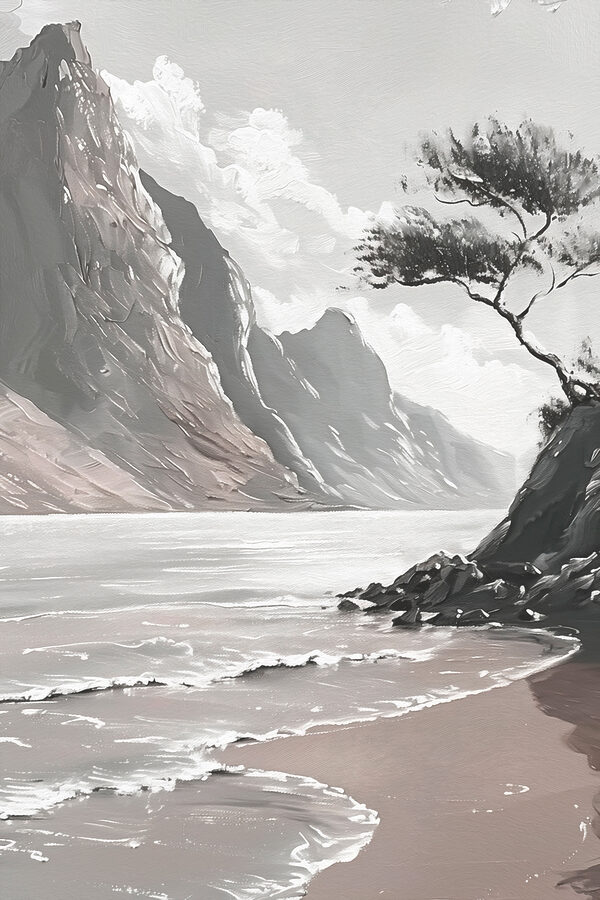 A beach with a tree and a body of water A beach with a tree and a body of water
