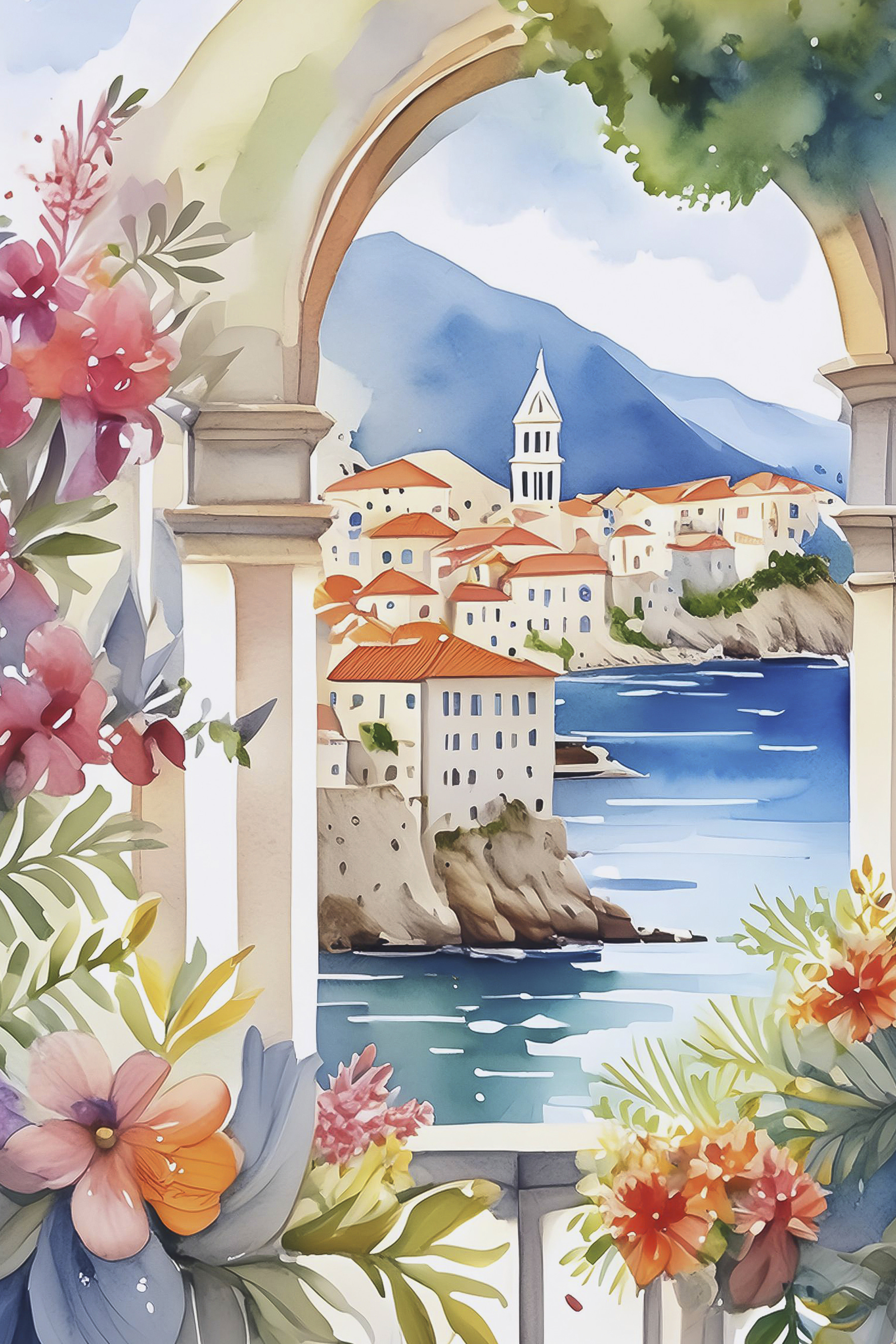 A watercolor painting of a town on a cliff A watercolor painting of a town on a cliff