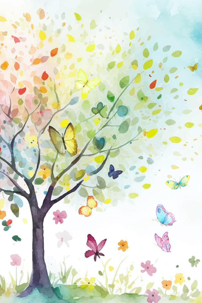 A tree with butterflies and leaves