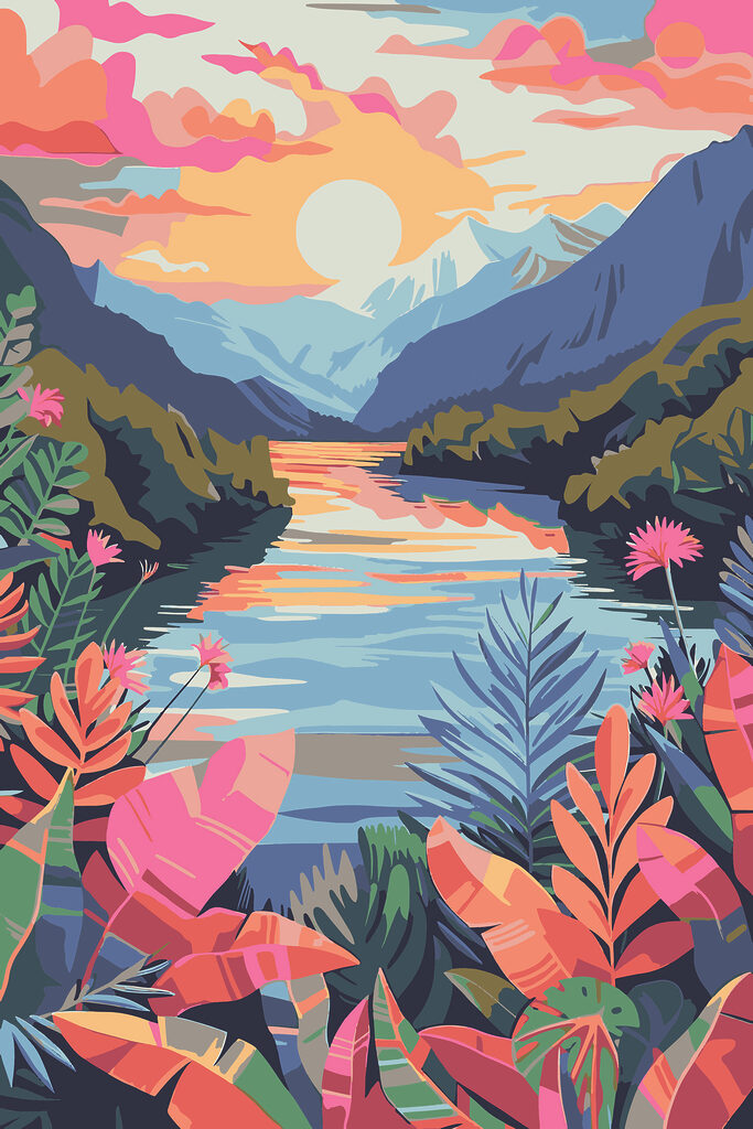 A river with flowers and mountains in the background A river with flowers and mountains in the background