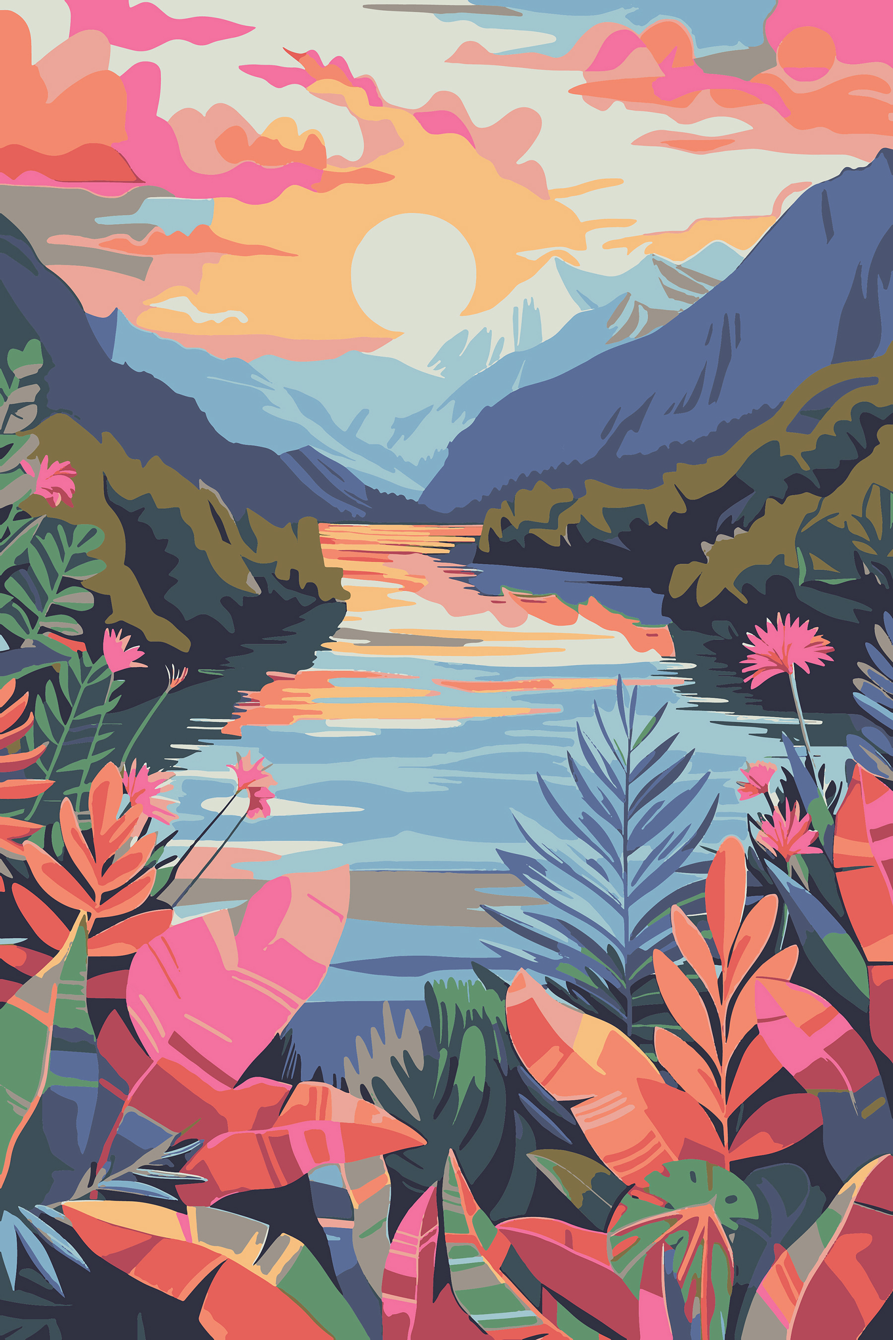 A river with flowers and mountains in the background A river with flowers and mountains in the background