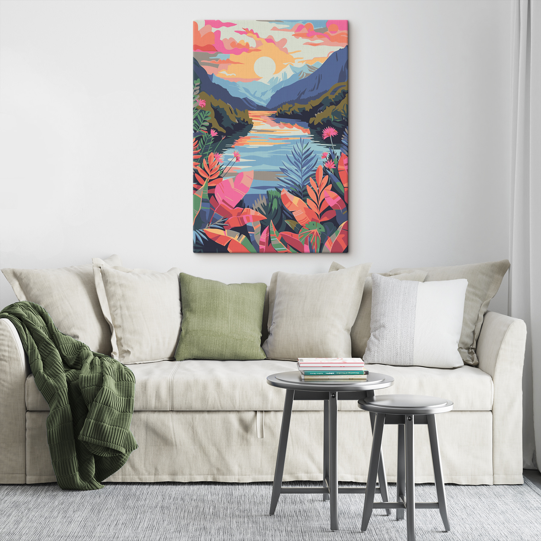 A river with flowers and mountains in the background A river with flowers and mountains in the background