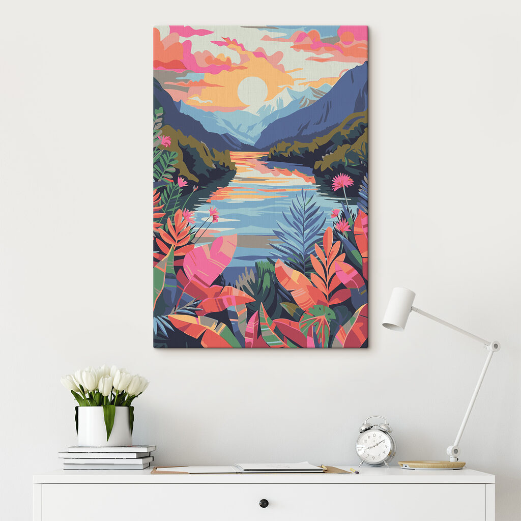 A river with flowers and mountains in the background A river with flowers and mountains in the background