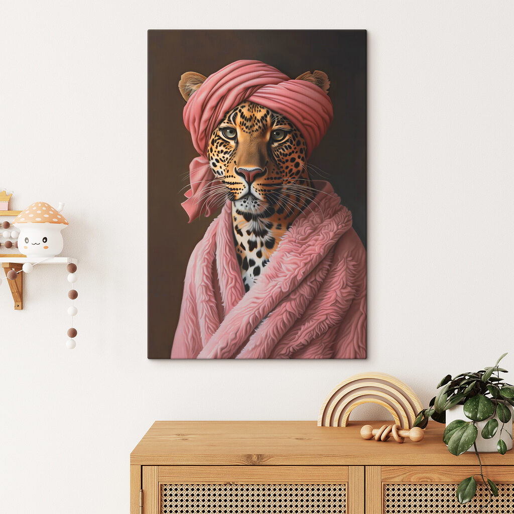 A leopard wearing a pink robe and a pink turban