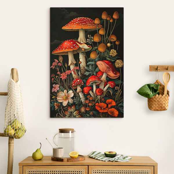 A painting of mushrooms and flowers A painting of mushrooms and flowers