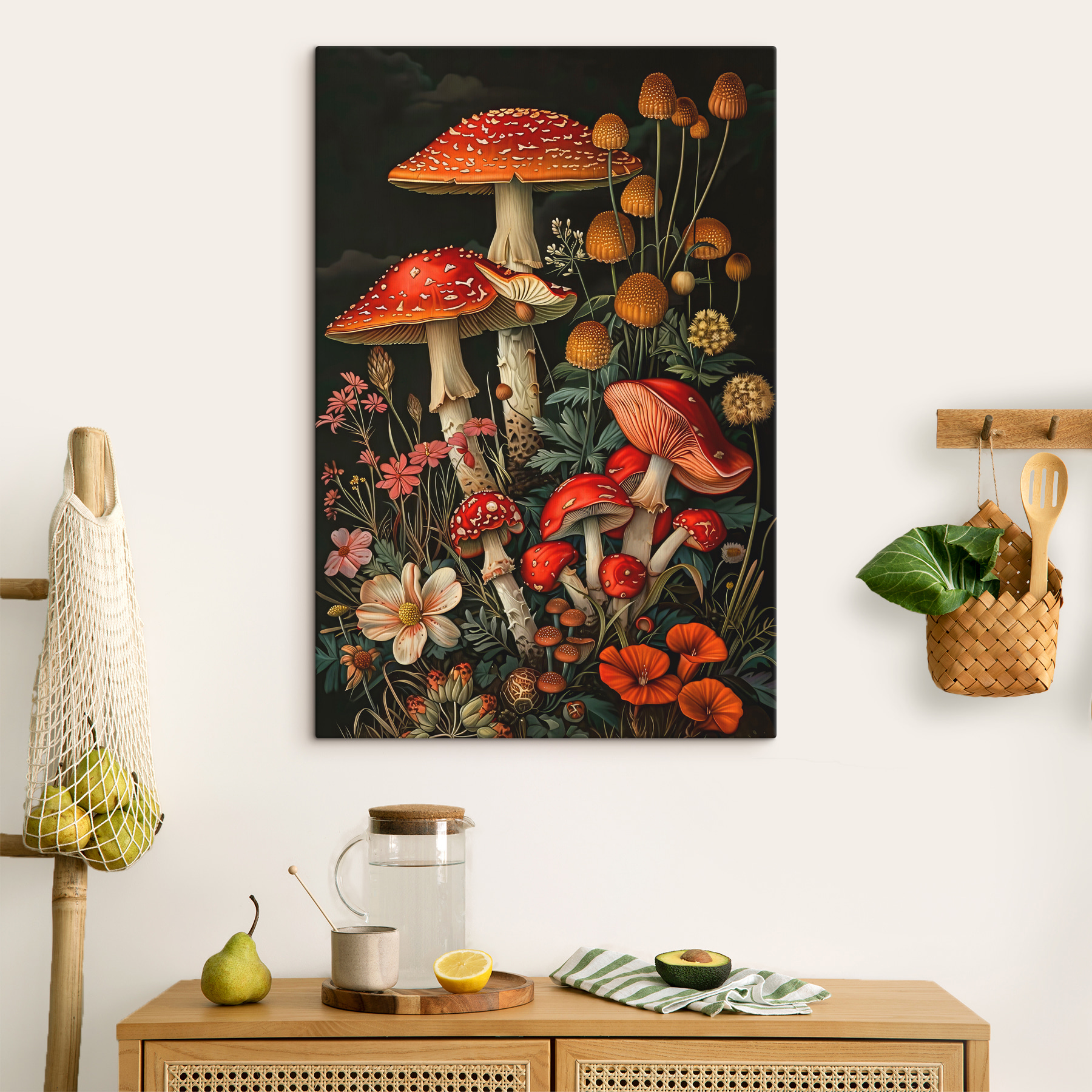 A painting of mushrooms and flowers A painting of mushrooms and flowers