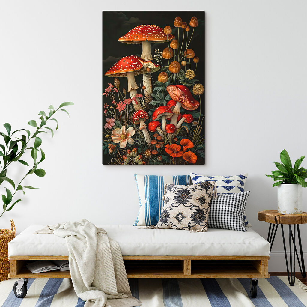 A painting of mushrooms and flowers A painting of mushrooms and flowers
