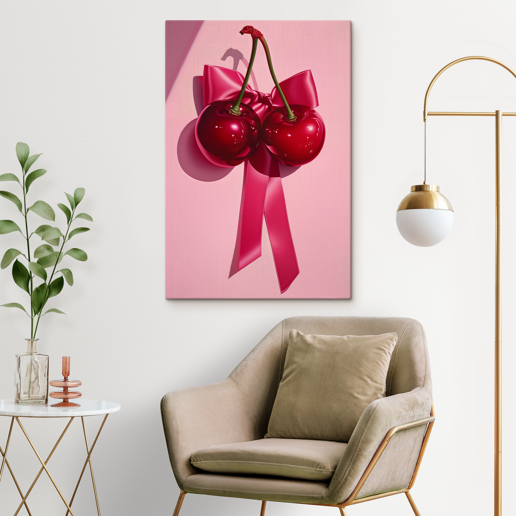 A pair of cherries tied to a bow