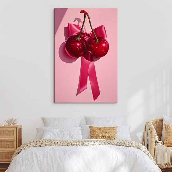 A pair of cherries tied to a bow