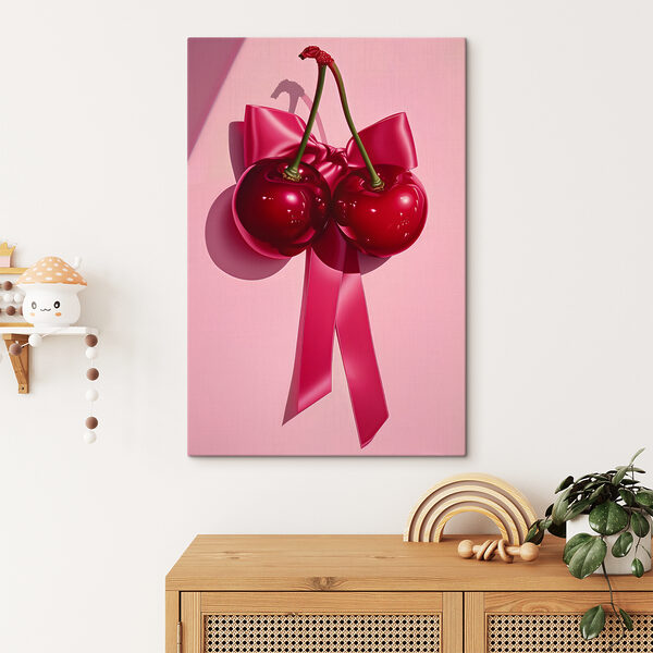A pair of cherries tied to a bow