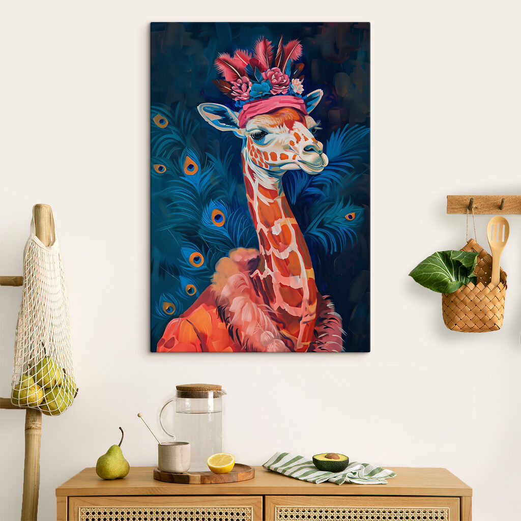 A giraffe wearing a hat