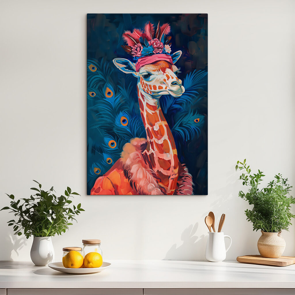 A giraffe wearing a hat