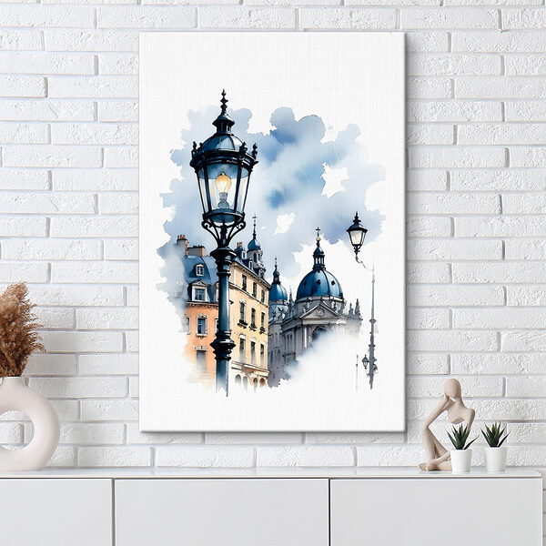 Cuadros Una farola con cúpulas azules y edificios al fondo (SKU: s38364) Cuadros Cuadros Una farola con cúpulas azules y edificios al fondo (SKU: s38364)