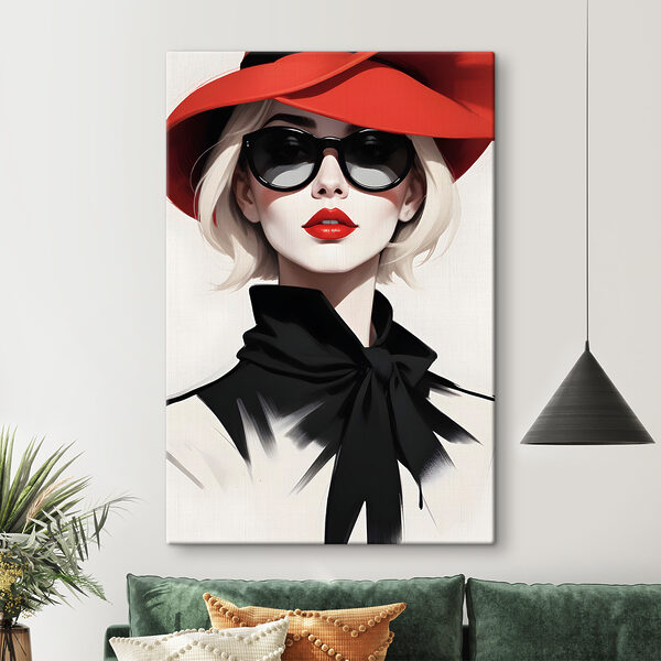 A woman wearing a red hat and sunglasses