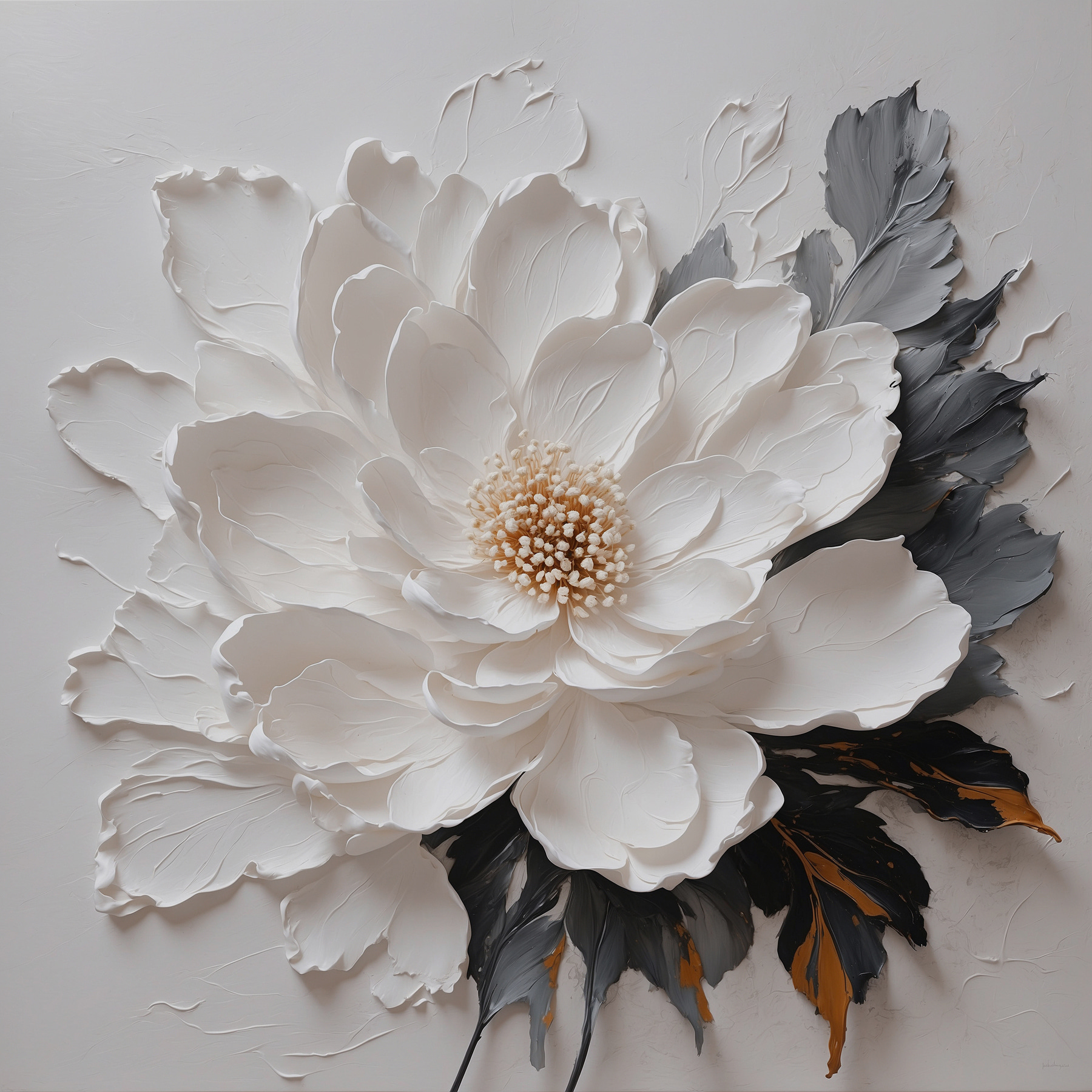 A white flower with black and grey leaves