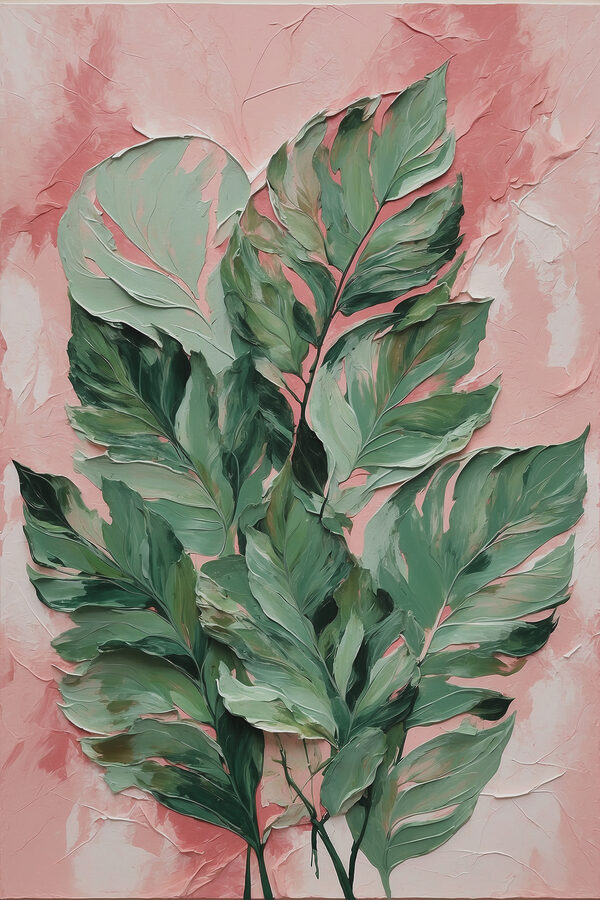 A painting of leaves on a pink background