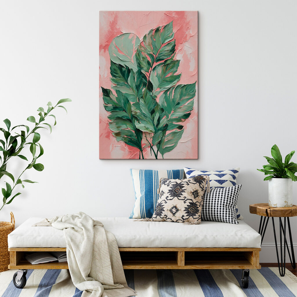 A painting of leaves on a pink background