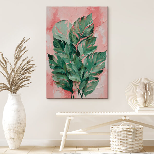 A painting of leaves on a pink background