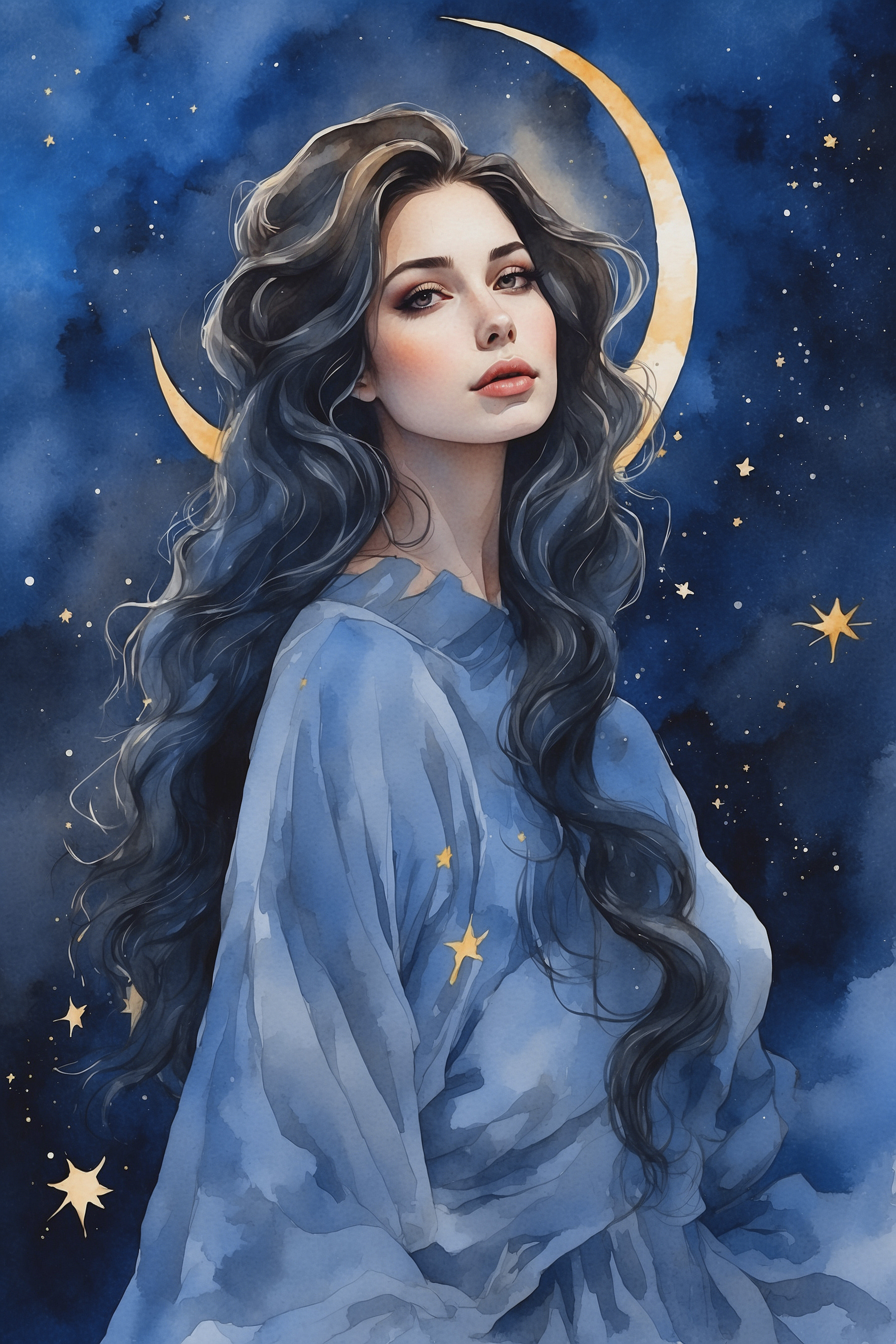 A woman with long hair and moon in the sky A woman with long hair and moon in the sky