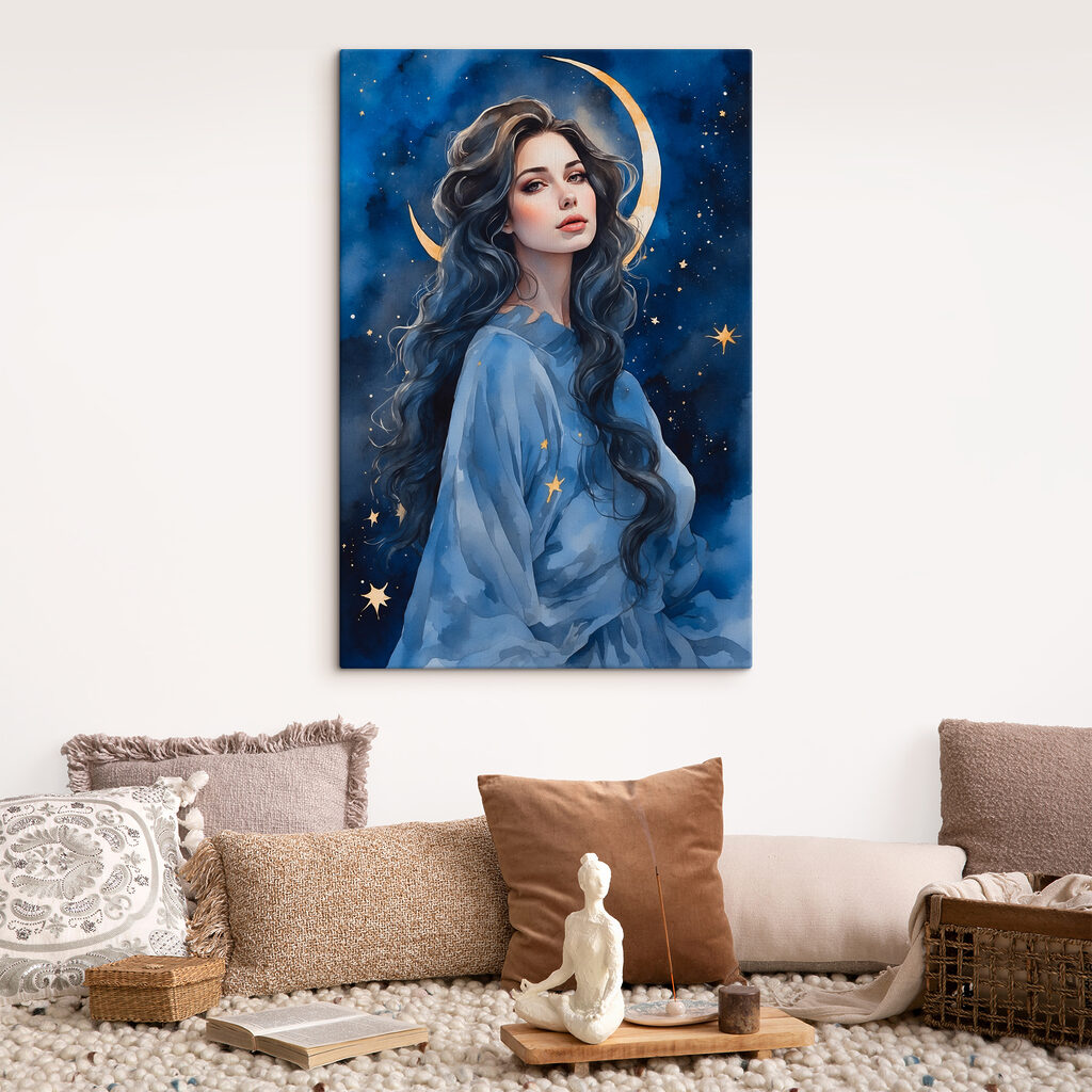 A woman with long hair and moon in the sky A woman with long hair and moon in the sky
