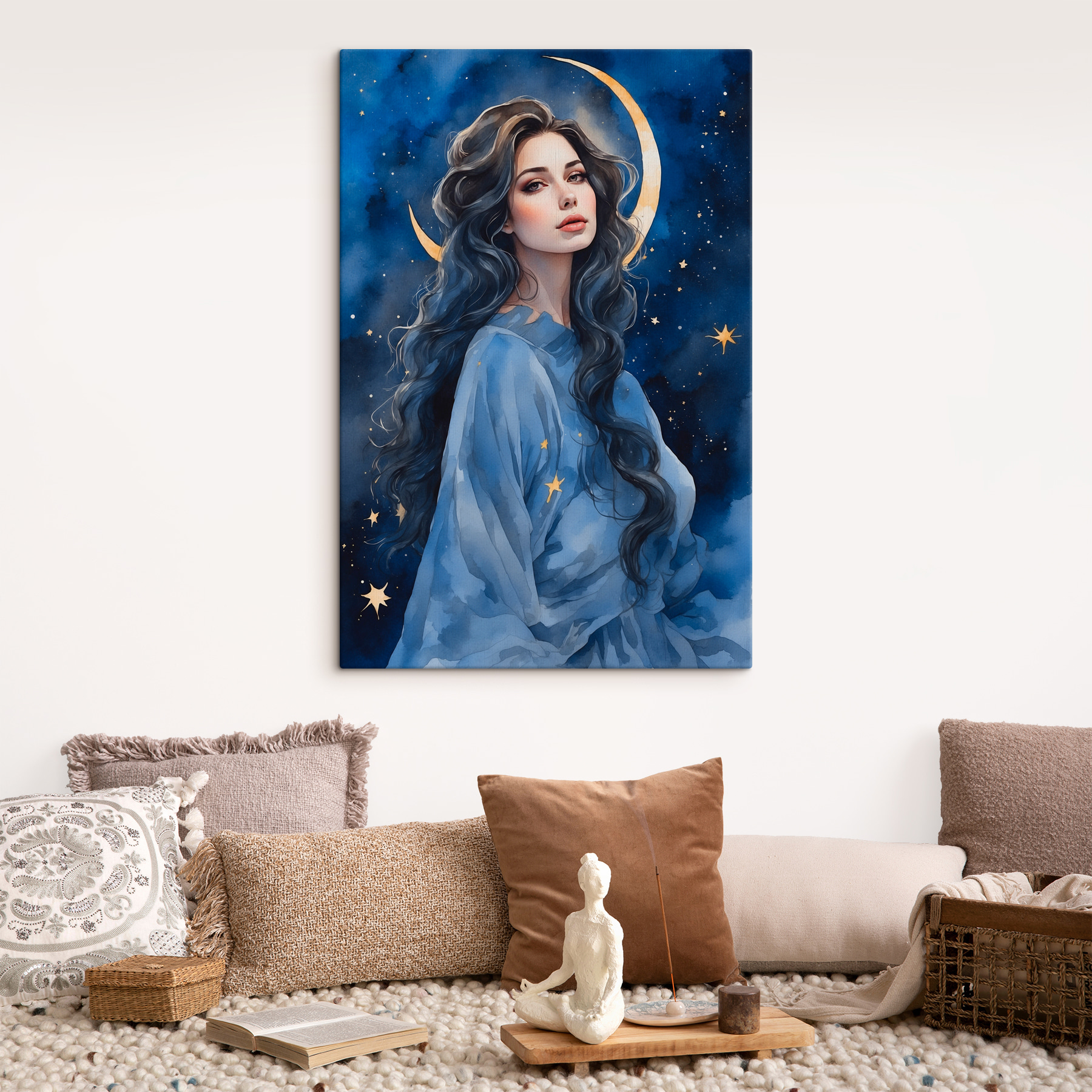 A woman with long hair and moon in the sky A woman with long hair and moon in the sky