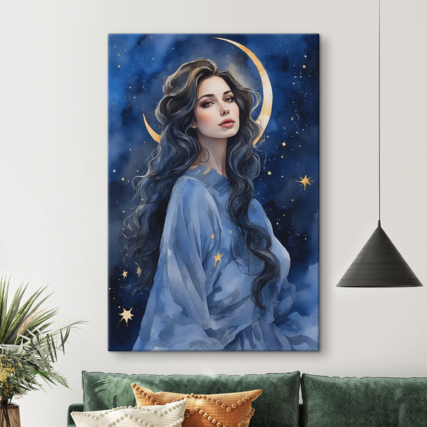 A woman with long hair and moon in the sky A woman with long hair and moon in the sky
